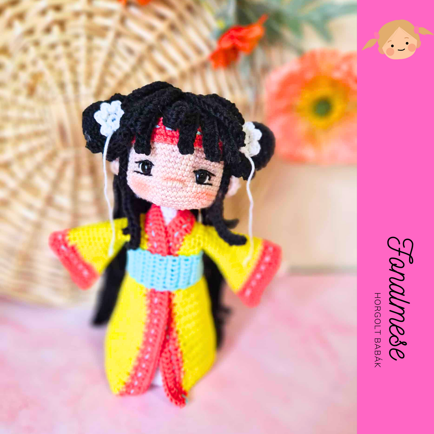 Sárga ruhás gésa - horgolt baba