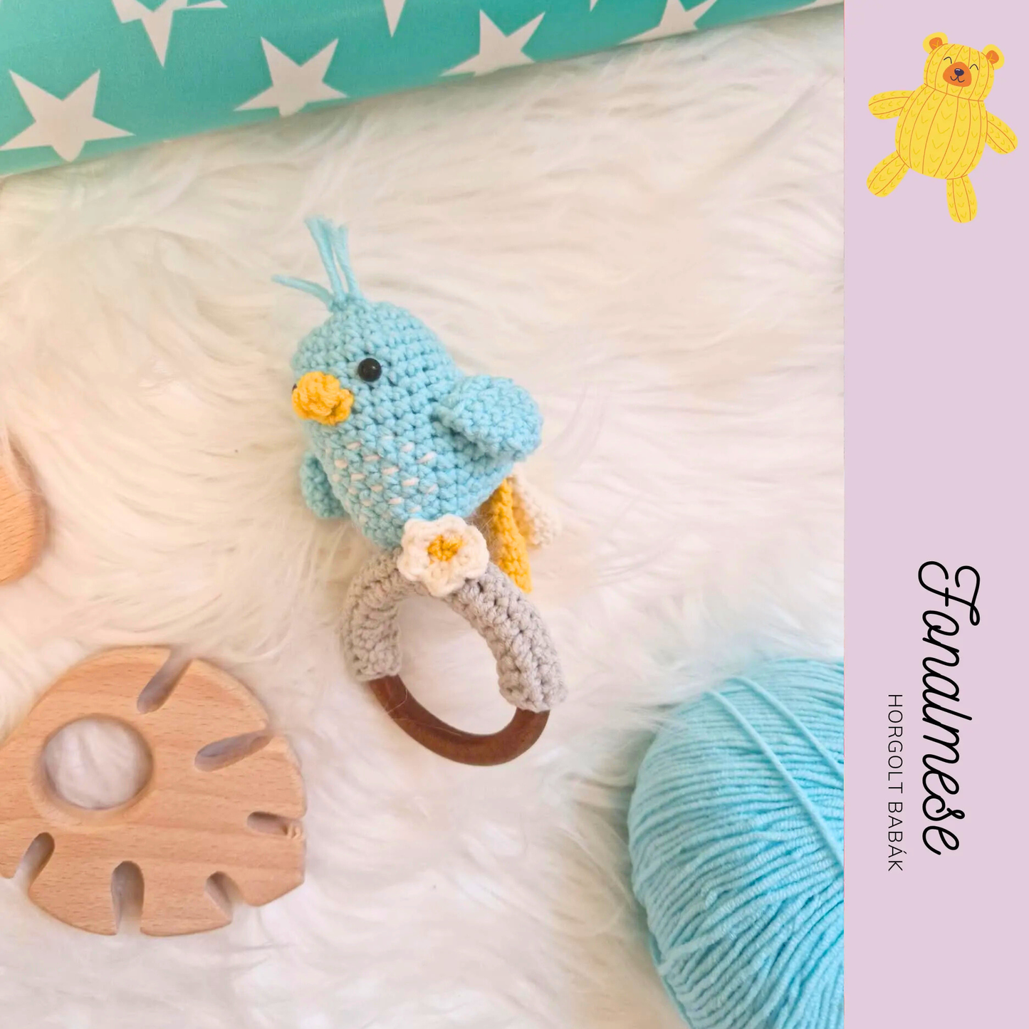 Türkiz színű kismadaras csörgő - horgolt csörgők